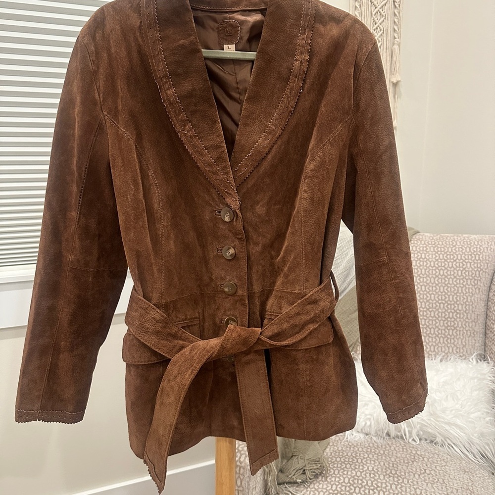 90s Vintage Genuine Brown Leather Jacket / Tailored Blazer Style / Belted Waist